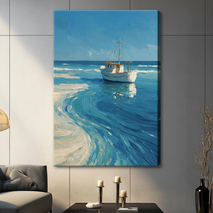 Unframed canvas print of a white fishing boat on a turquoise ocean with swirling sandy waves hung in a contemporary dark grey living room