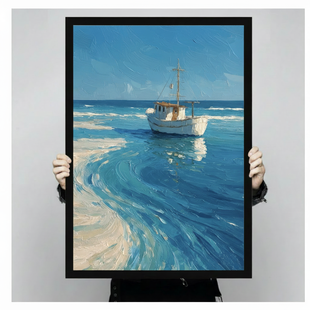Person holding a large black framed white fishing boat turquoise ocean oil painting print showing print size scale and thick impasto brushstroke detail