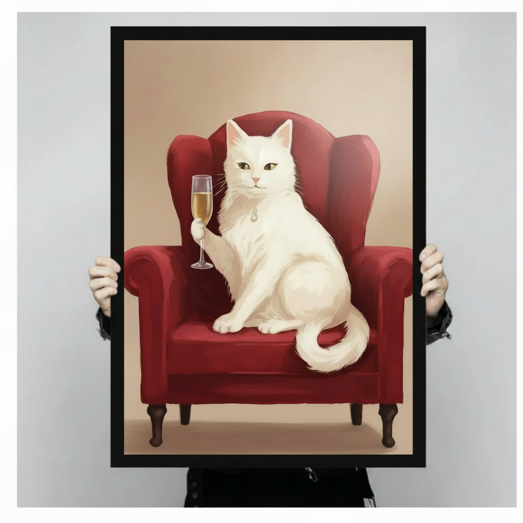 Champagne cat framed canvas art held up by hands showing full print — gallery quality luxury cat wall decor