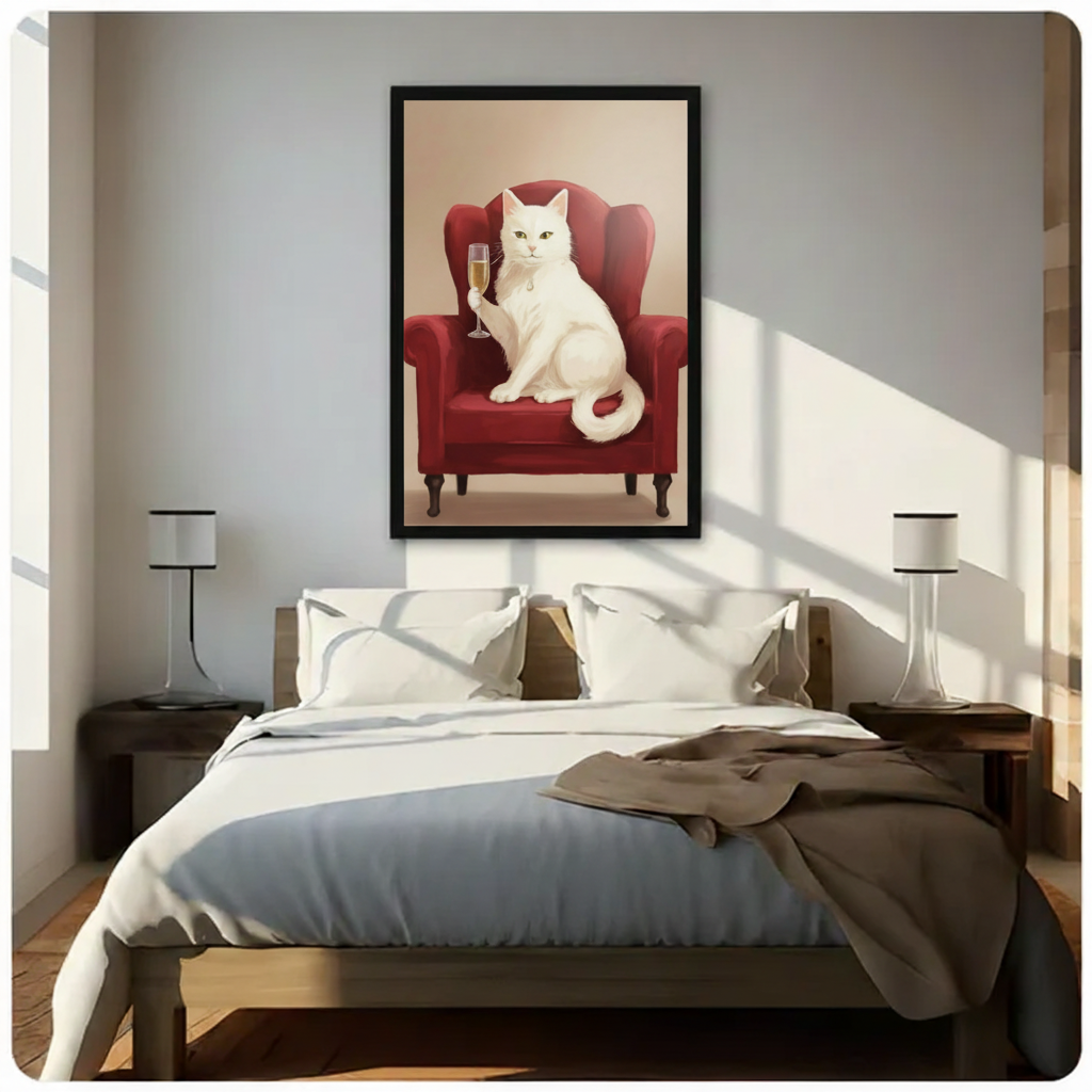 Elegant white cat champagne canvas print above bed in modern bedroom — luxury cat art for American home