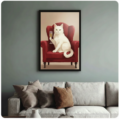 Luxury white cat champagne canvas art on sage green wall with beige linen sofa — elegant cat home decor
