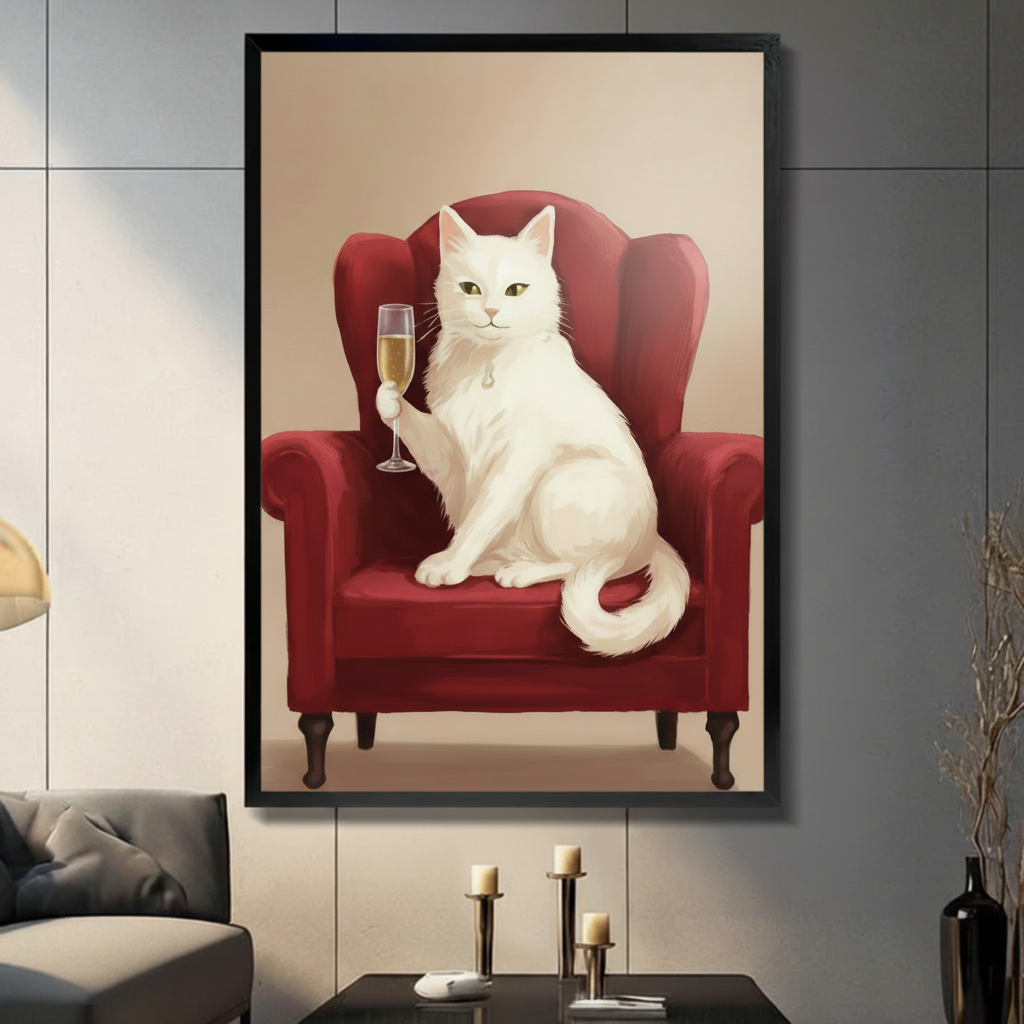 Elegant white cat champagne framed canvas wall art displayed in living room with dark gray sofa and candle holders