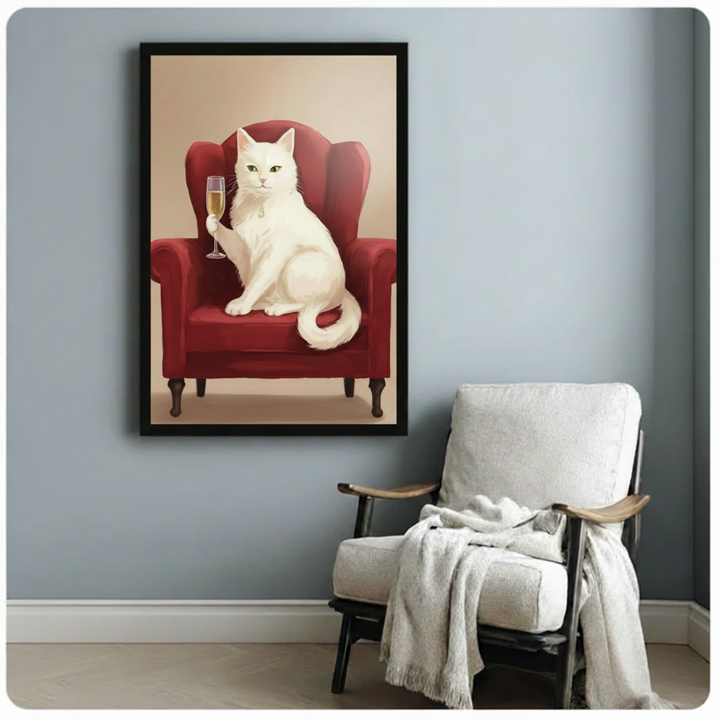 White cat on red velvet chair canvas print in light blue-gray room with white armchair — premium cat wall art