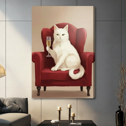 White cat holding champagne glass stretched canvas print on gray tile wall above modern dark sofa