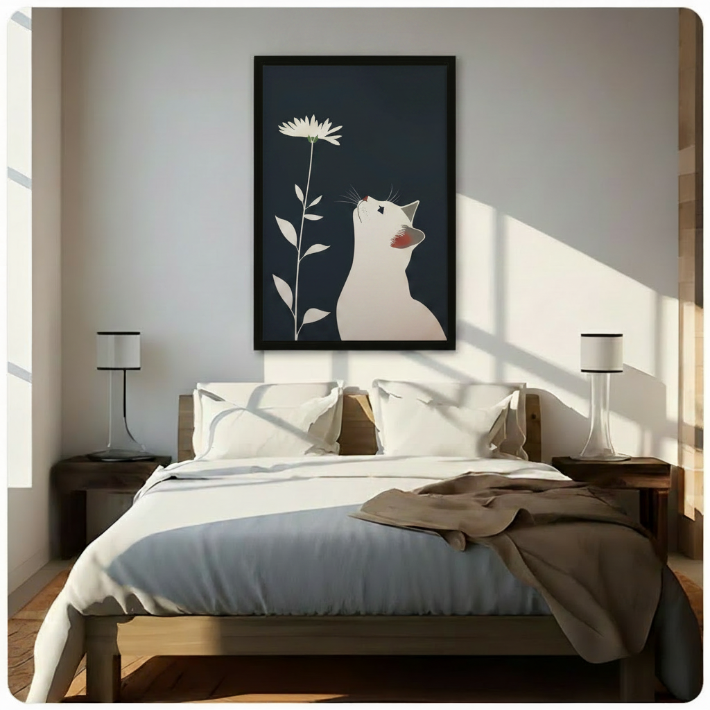 White cat and daisy framed canvas displayed above bed in sunlit neutral bedroom - calming Japanese minimalist cat flower wall art for serene and elegant bedroom decor