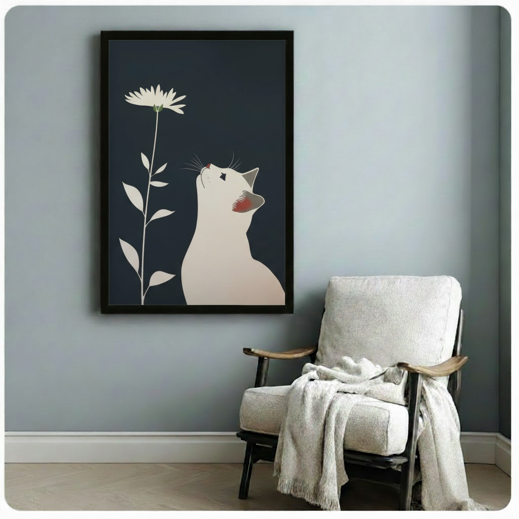 Framed minimalist white cat and daisy wall art beside wooden accent chair with linen throw - tranquil Japanese illustration cat canvas print for reading nook or study