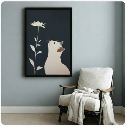 Framed minimalist white cat and daisy wall art beside wooden accent chair with linen throw - tranquil Japanese illustration cat canvas print for reading nook or study