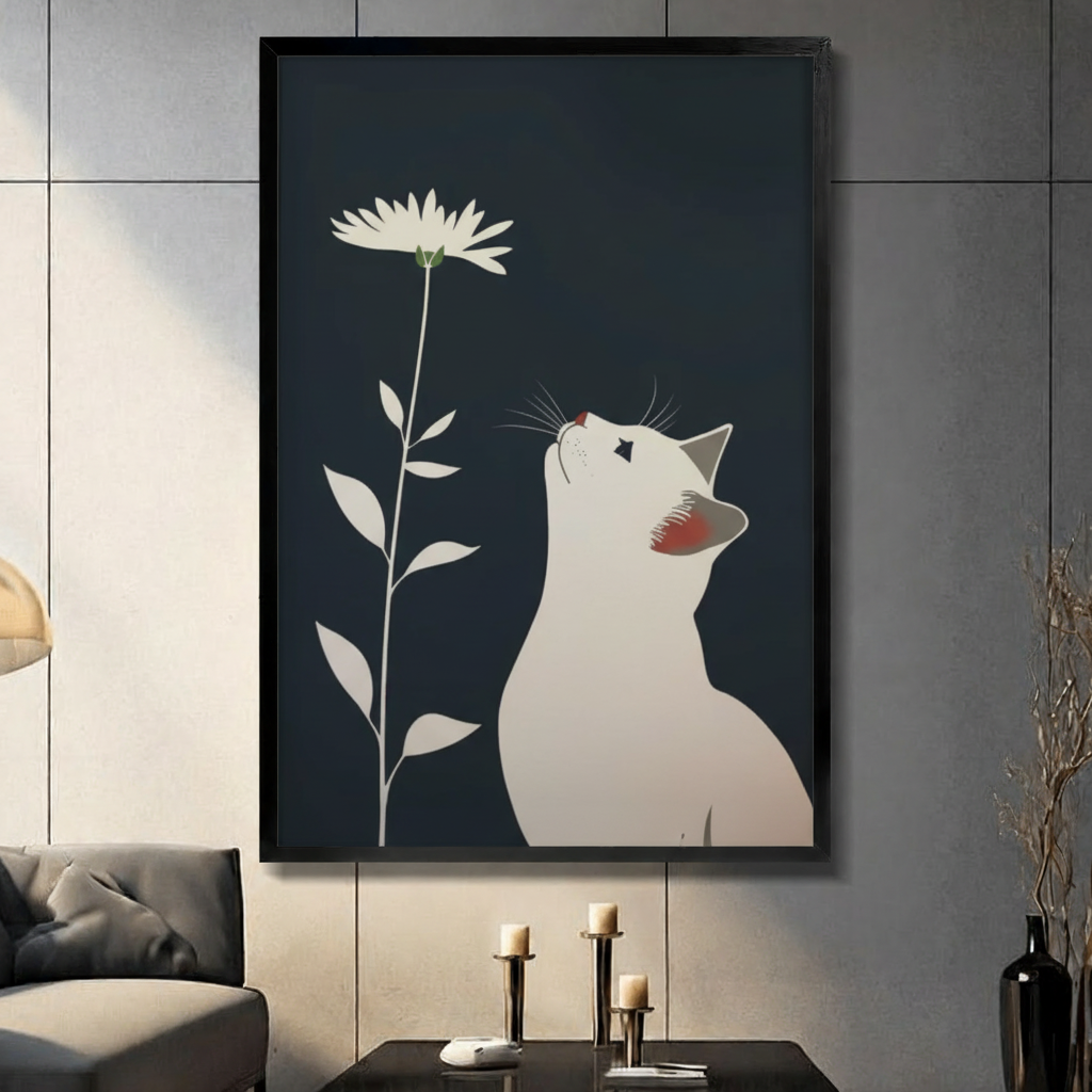 Minimalist white cat gazing up at single white daisy framed wall art on dark navy background - Japanese illustration style cat and flower canvas print for modern living room decor