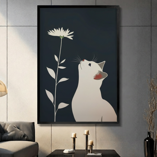 Minimalist white cat gazing up at single white daisy framed wall art on dark navy background - Japanese illustration style cat and flower canvas print for modern living room decor