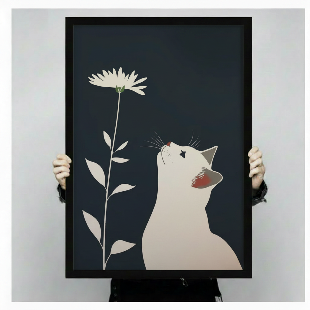 Hands holding large framed white cat gazing at daisy canvas print - full artwork detail of Japanese minimalist cat and single flower illustration on deep navy background