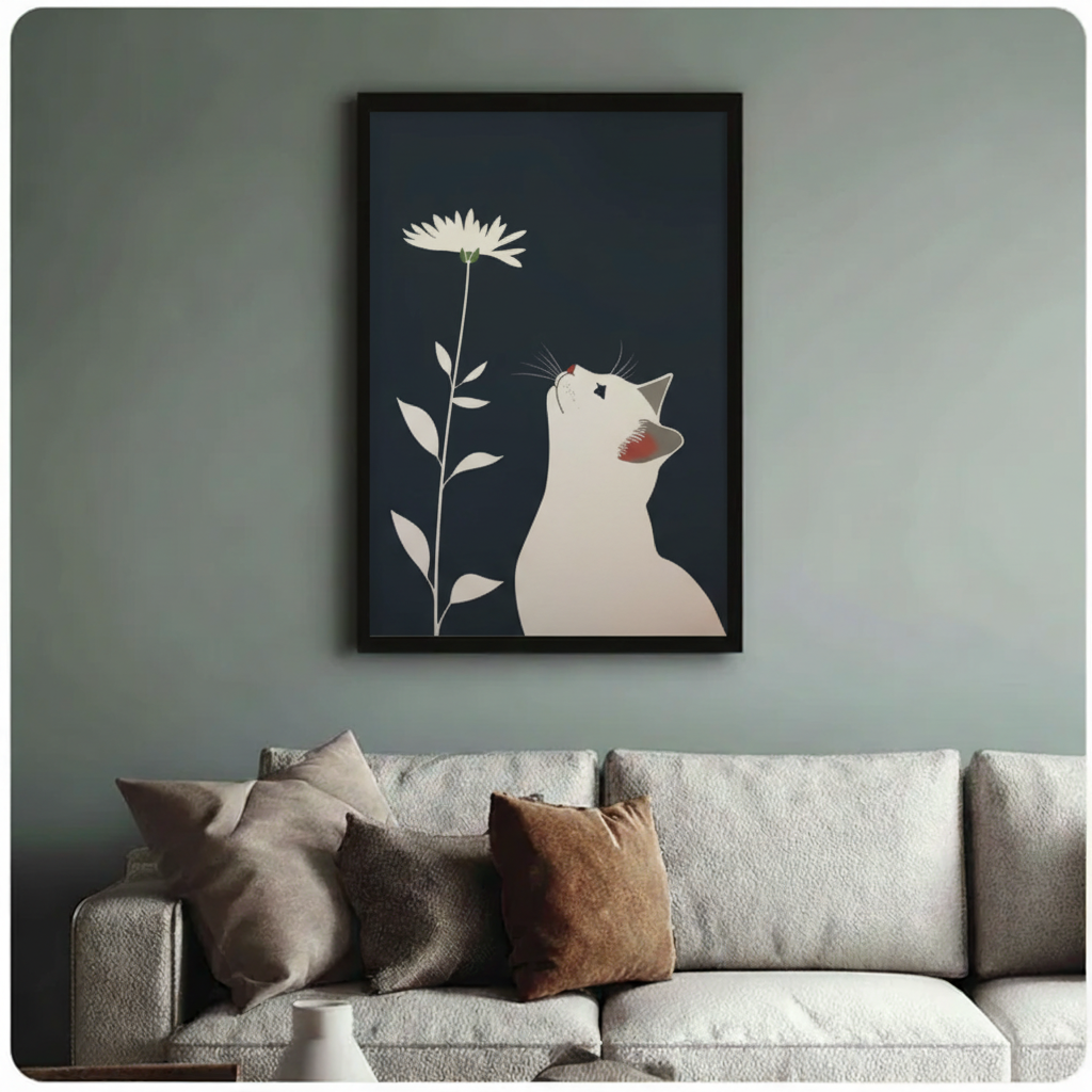White cat gazing at daisy framed art print above cream bouclé sofa on sage grey wall - elegant Japanese-style cat and flower canvas wall decor with dark navy palette