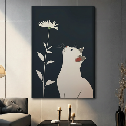 Unframed white cat and daisy canvas print on deep navy background - serene Japanese minimalist cat flower wall art with clean botanical stem and leaf detail for contemporary home decor