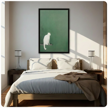 White cat on wooden perch framed canvas displayed above bed in sunlit neutral bedroom - tranquil minimalist sage green cat wall art for serene bedroom decor