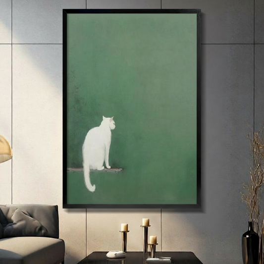Minimalist white cat sitting on wooden perch against sage green textured background framed wall art - Japanese wabi-sabi style cat canvas print for modern living room decor