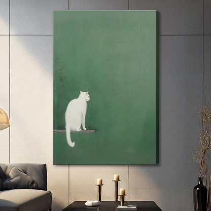 Unframed white cat on wooden perch canvas print with deep sage green background - serene minimalist cat wall art in muted green tones for contemporary home decor