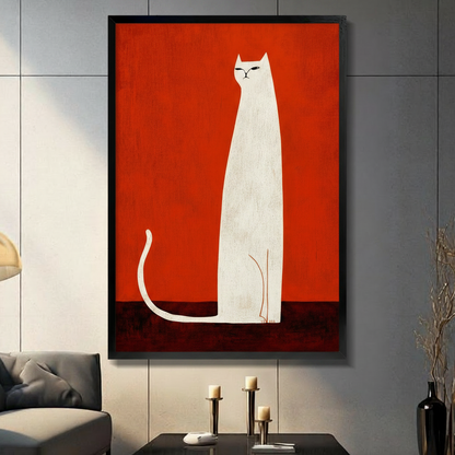 Minimalist white cat sitting tall on bold red background, framed canvas wall art in black frame hung on grey tile wall in modern living room
