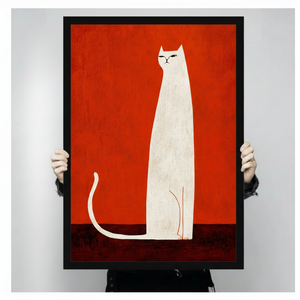 Framed canvas art print of minimalist white cat with half-closed eyes on vivid red background, held up showing full artwork detail and black frame
