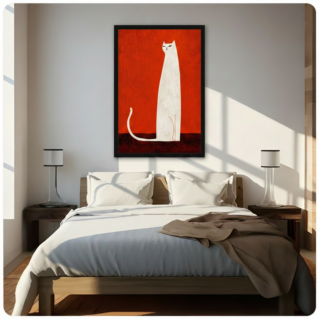 Minimalist white cat on red background framed canvas print above bed, bold graphic cat wall art adding striking color to neutral bedroom