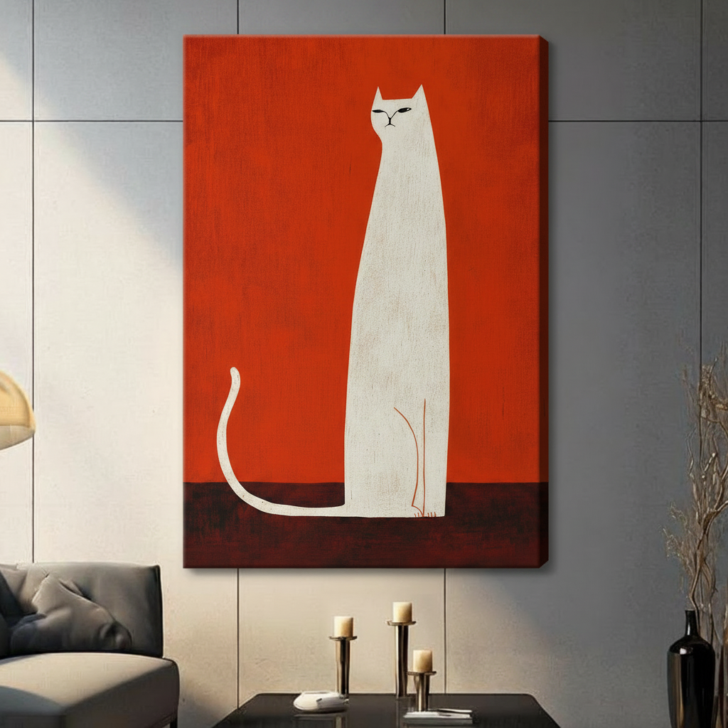 Elongated white cat silhouette on vivid red canvas, stretched canvas print displayed on grey wall in contemporary living room setting