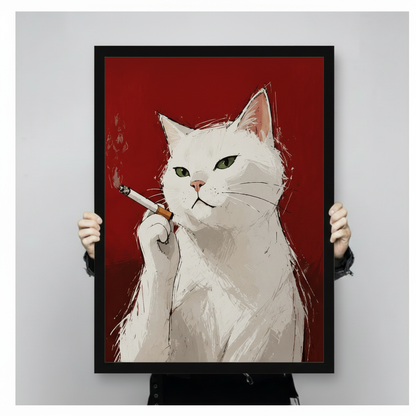 Close-up of white cat smoking cigarette art print in black frame held by two hands showing full print and frame detail