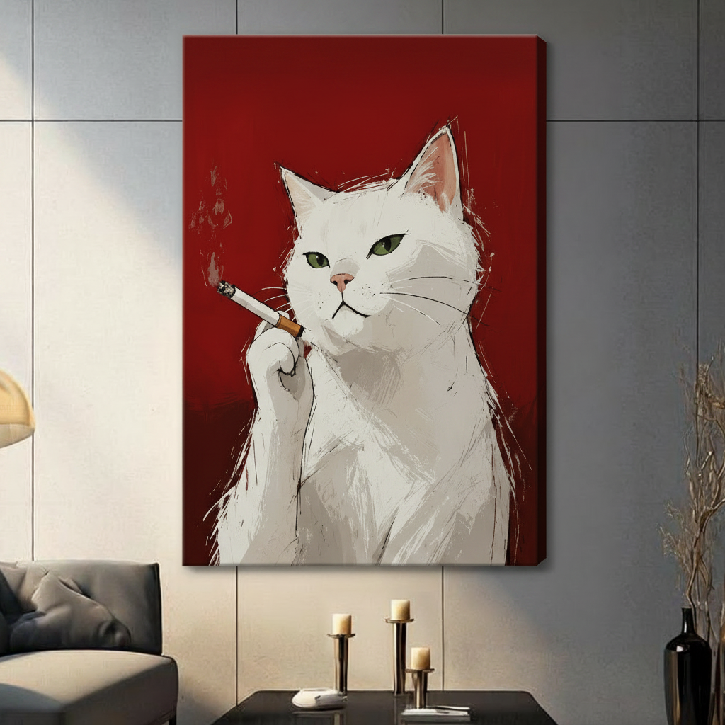 Gallery wrapped white cat smoking illustration canvas print with bold red background hung on gray wall in contemporary space