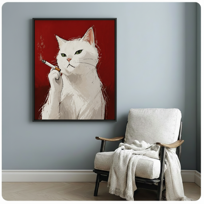 Funny white cat with cigarette framed art print on blue-gray wall beside linen armchair in cozy reading nook