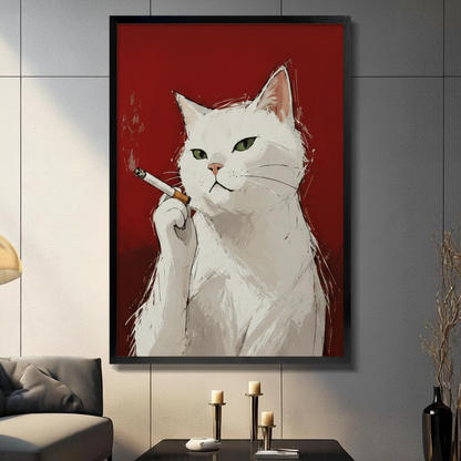 Cool white cat holding cigarette wall art in black frame displayed on gray wall above console table in modern living room