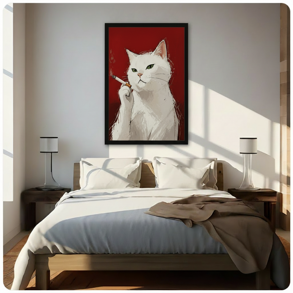 White cat smoking portrait framed wall art mounted above bed in bright Scandinavian-style bedroom with natural light