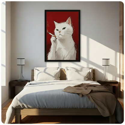 White cat smoking portrait framed wall art mounted above bed in bright Scandinavian-style bedroom with natural light