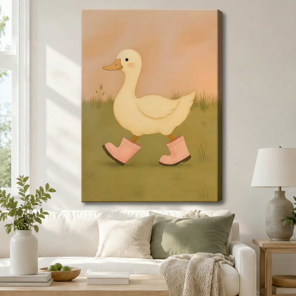 Gallery-wrapped canvas of a whimsical white duck in pink rubber boots strolling through green grass, hung above a white linen sofa with sage green pillows in a cozy Scandinavian living room