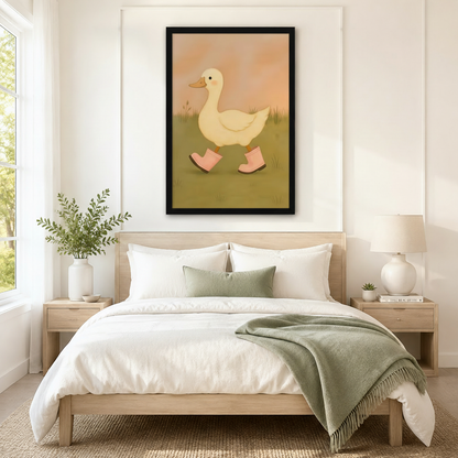 Framed whimsical duck wall art with pink rain boots and soft peach sky tones, hung above a minimalist Scandinavian bed with sage green accents, perfect for bedroom or nursery wall decor