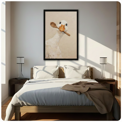Framed white duck holding a wooden spoon wall art above a wooden bed in a bright minimalist bedroom