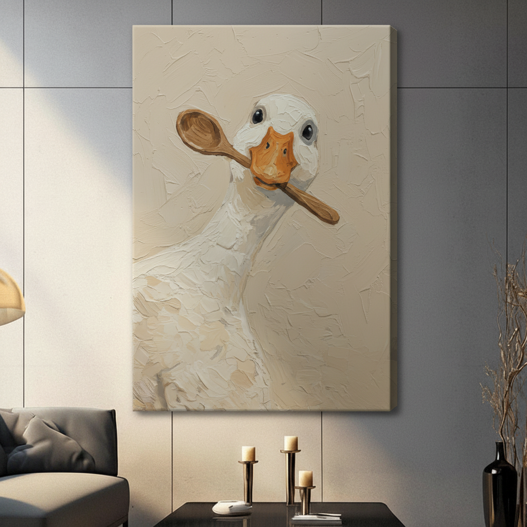Unframed canvas wall art of a white duck carrying a wooden spoon, hung in a neutral beige living room setting