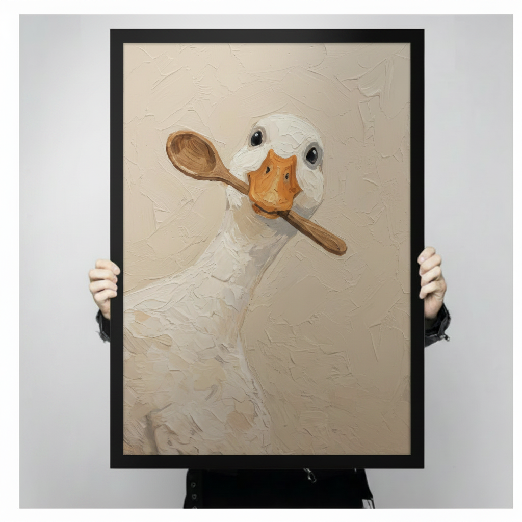 Close-up of a textured white duck oil painting with wooden spoon, held by hands showing print size and detail