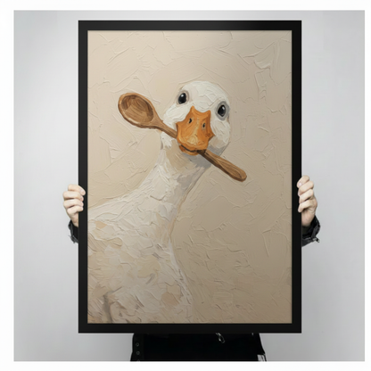Close-up of a textured white duck oil painting with wooden spoon, held by hands showing print size and detail