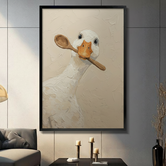 Framed white duck oil painting holding a wooden spoon, displayed in a modern living room with dark wall and candlestick decor