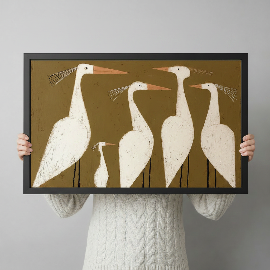 Person in white cable-knit sweater holding large black-framed abstract egret painting on golden olive background — size reference for bird wall art print