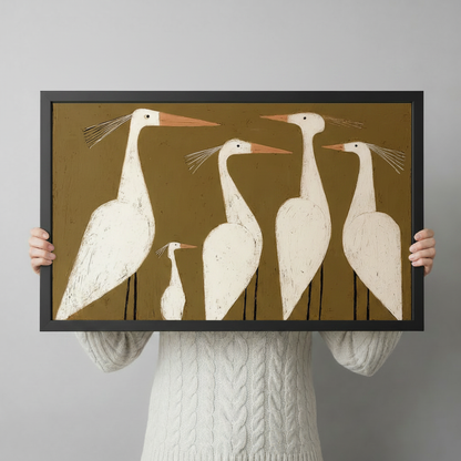 Person in white cable-knit sweater holding large black-framed abstract egret painting on golden olive background — size reference for bird wall art print