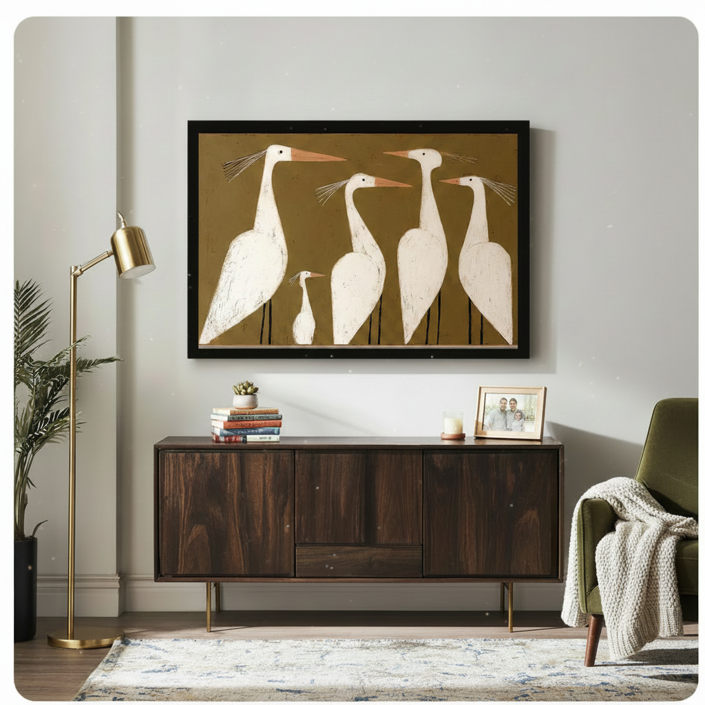Large black-framed white egret art print displayed above dark walnut sideboard in modern living room with gold floor lamp and green velvet chair — statement bird wall art