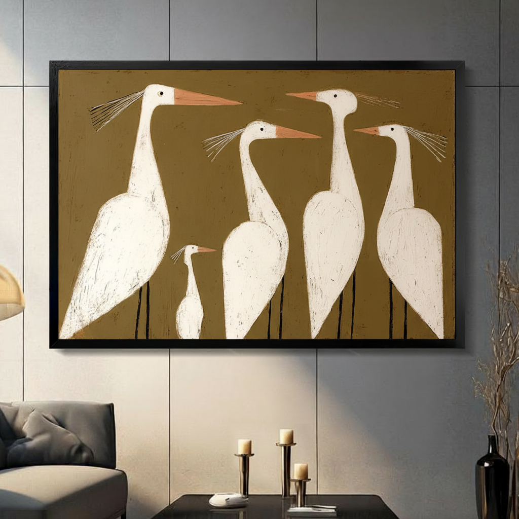 Abstract painting of five white egrets on golden olive background in black frame, displayed on dark gray living room wall — modern bird wall art