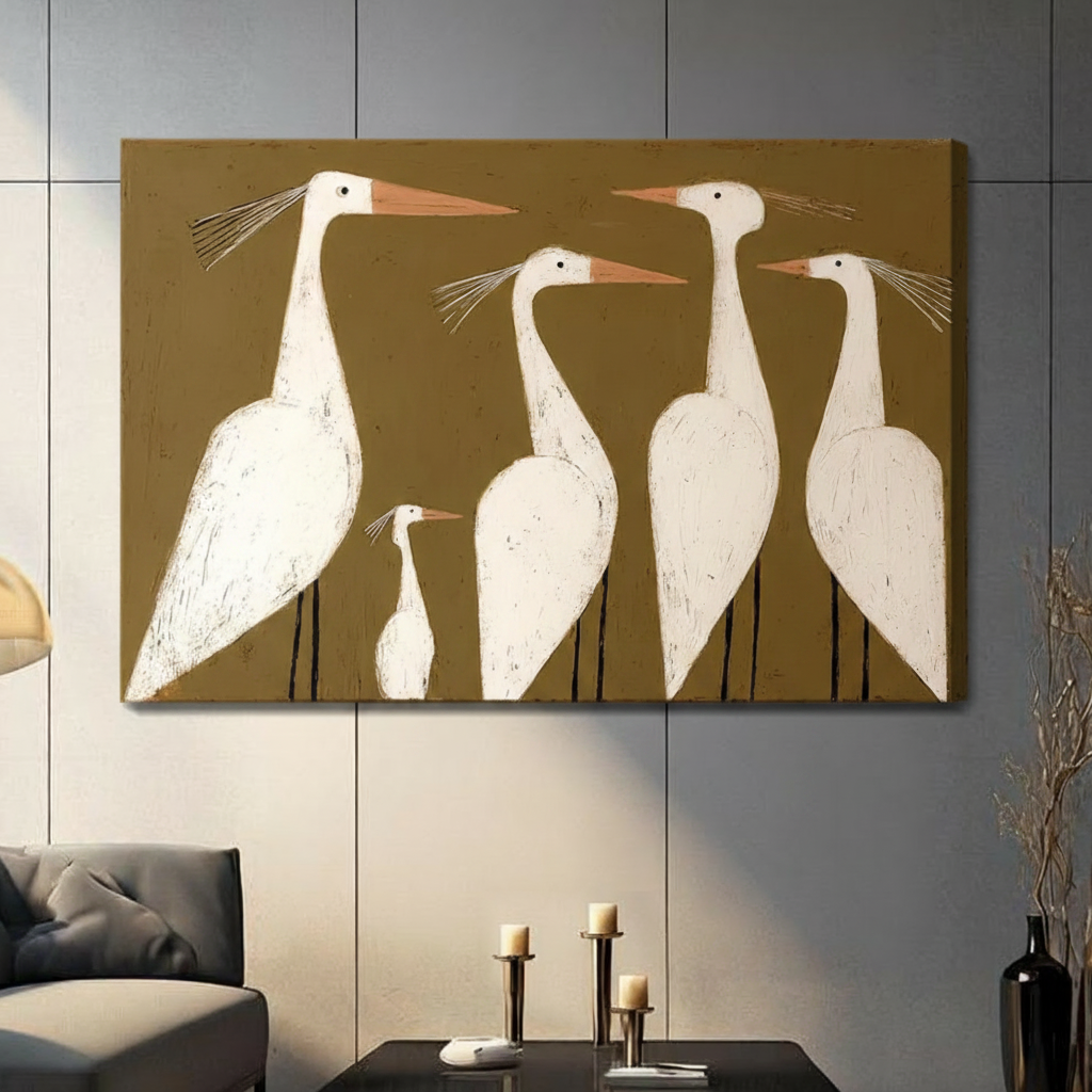 Frameless gallery-wrap canvas featuring five stylized white egrets on warm olive background, mounted on gray wall above candles — contemporary bird art print