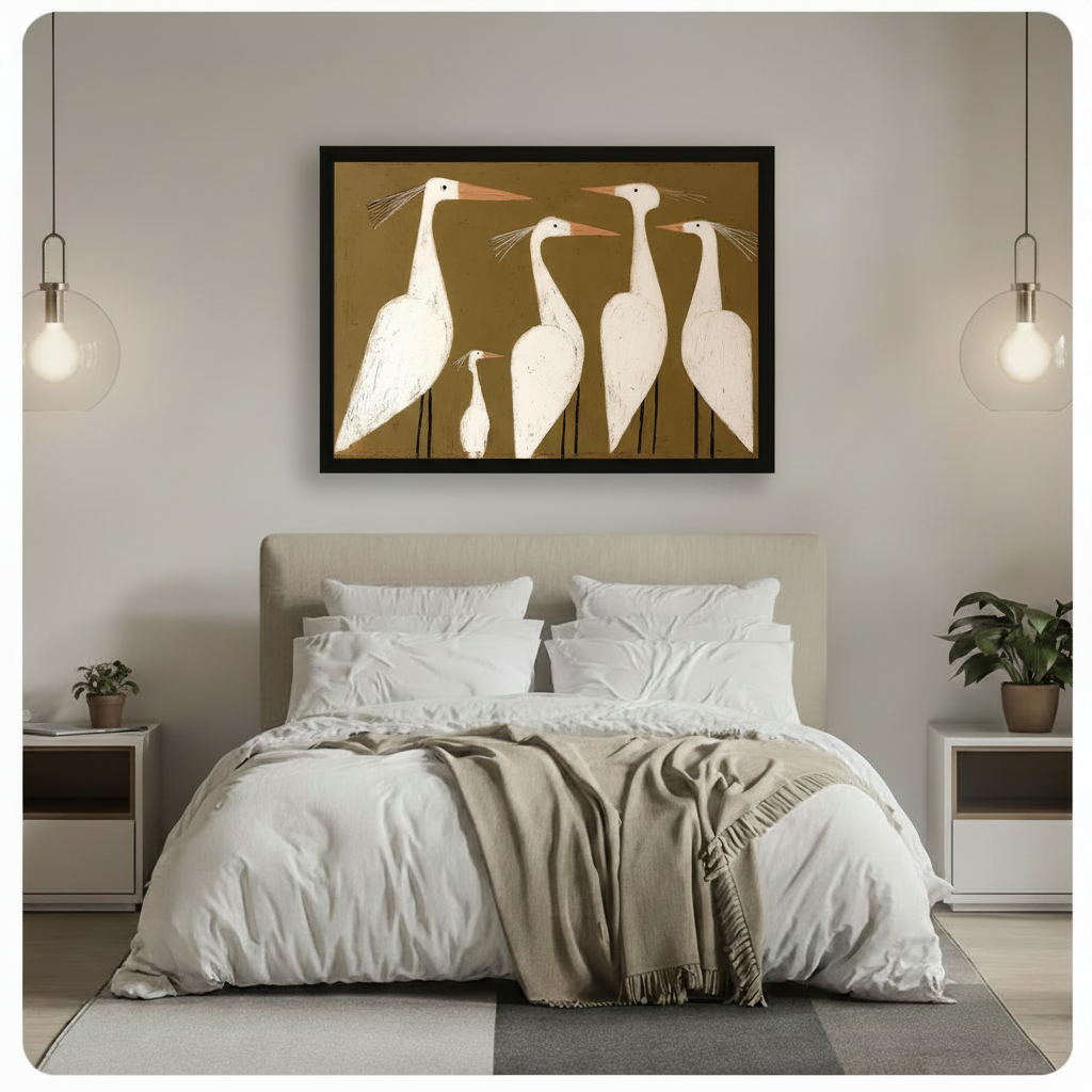 Black-framed abstract egret family painting hung above a white linen bed with globe pendant lights — elegant bird art for bedroom wall decor