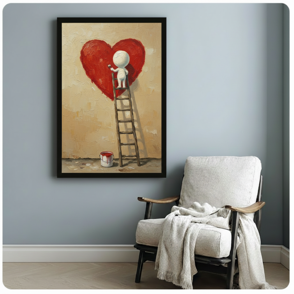 Framed white figure painting red heart wall art on blue-grey wall beside linen armchair, Banksy-inspired love print for bedroom or reading corner