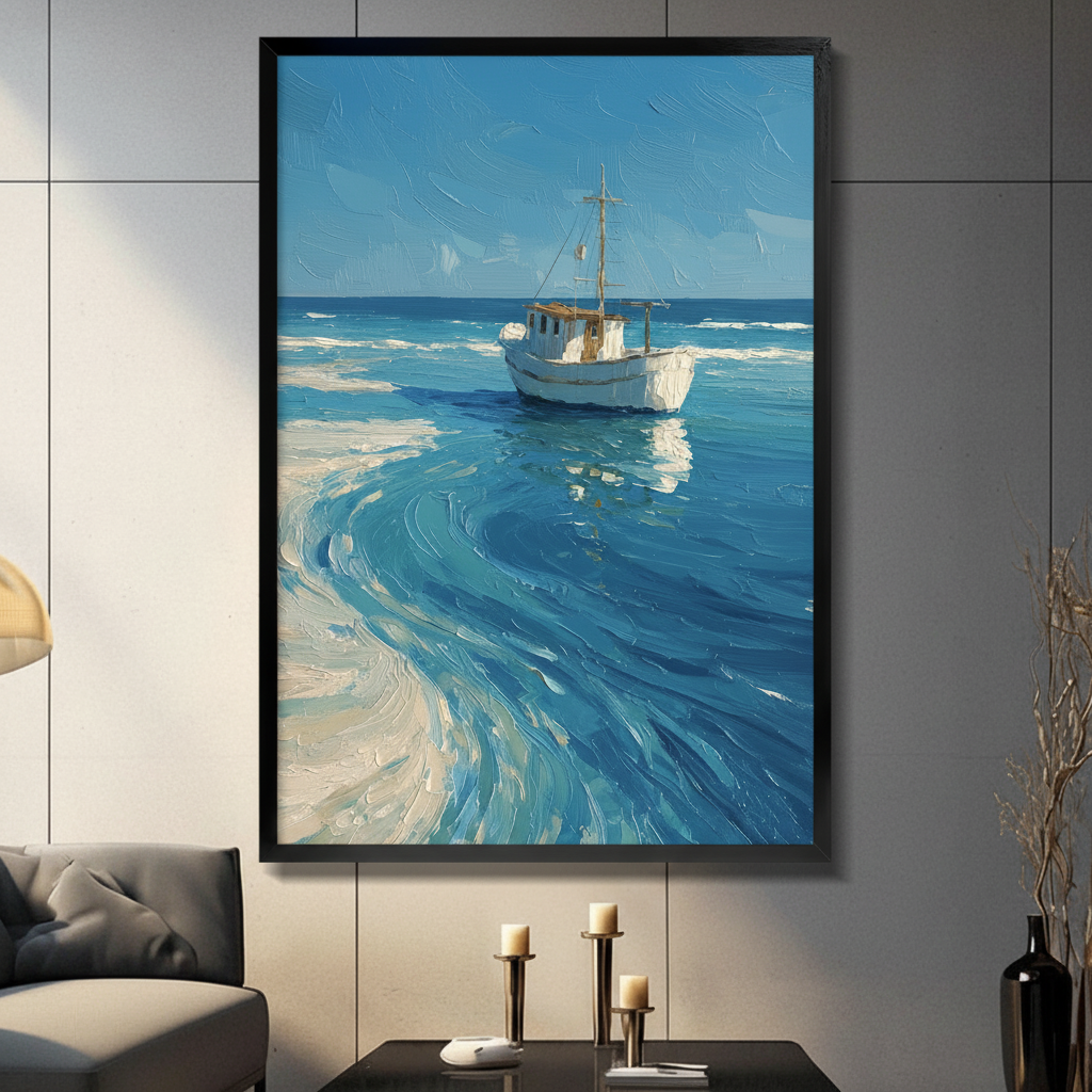 Framed white fishing boat ocean oil painting with turquoise waves and sandy shore displayed above a console table with candlesticks in a modern living room