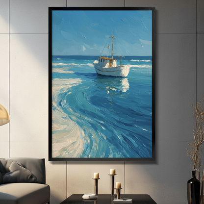 Framed white fishing boat ocean oil painting with turquoise waves and sandy shore displayed above a console table with candlesticks in a modern living room