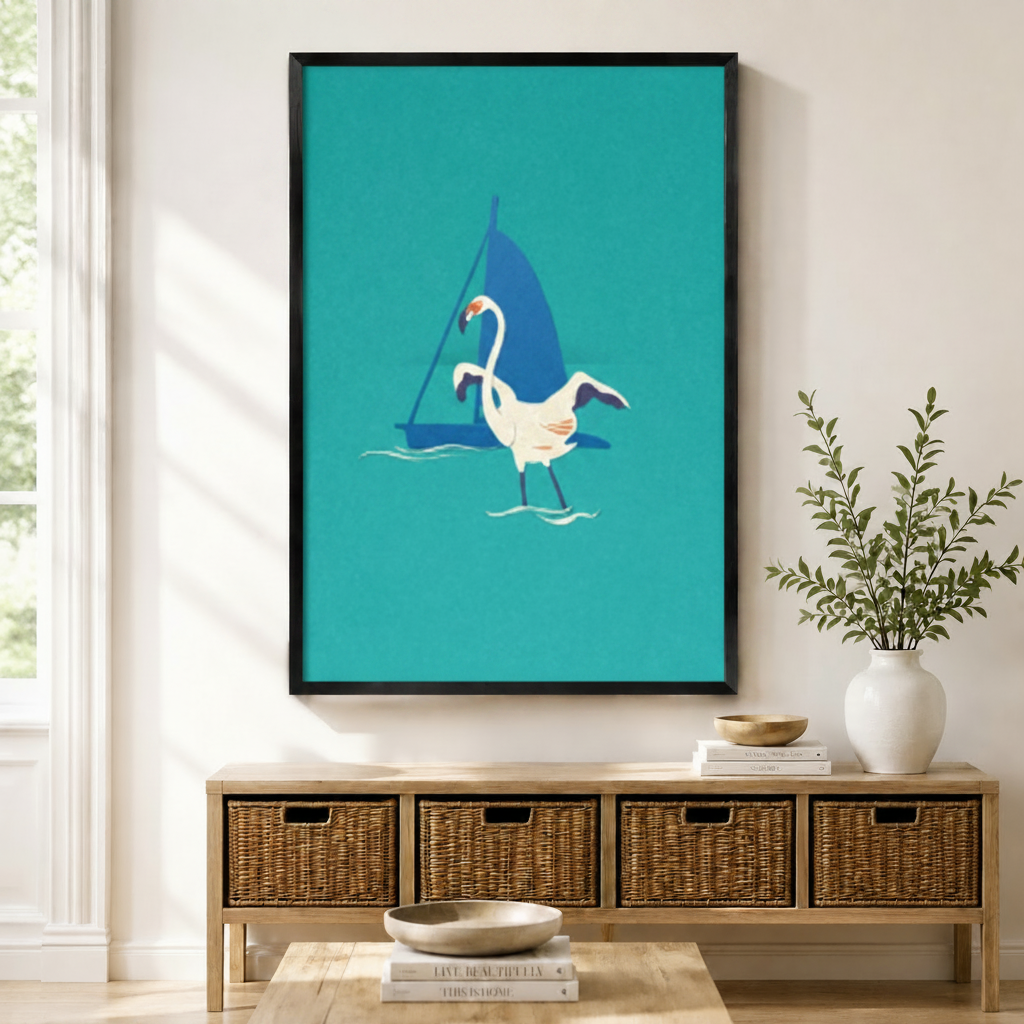  Framed minimalist white flamingo standing beside a blue sailboat on bold teal background wall art displayed above a wicker storage console in a bright modern entryway