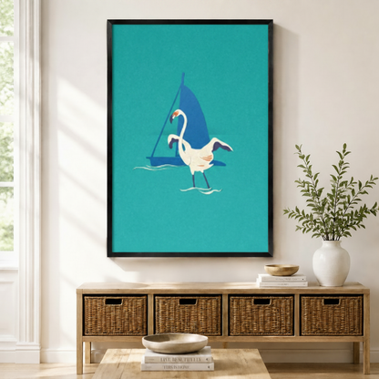  Framed minimalist white flamingo standing beside a blue sailboat on bold teal background wall art displayed above a wicker storage console in a bright modern entryway