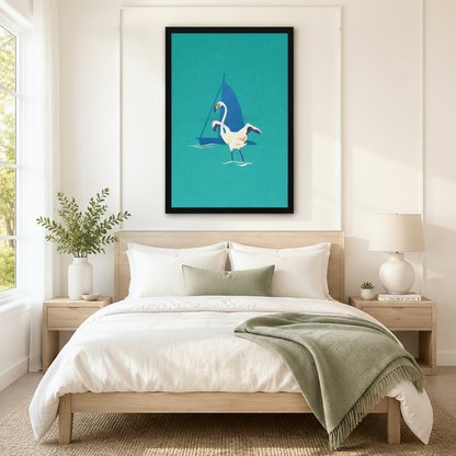  Framed white flamingo and blue sailboat minimalist illustration on teal background hung above a light wood bed with white linen in a serene coastal-inspired bedroom