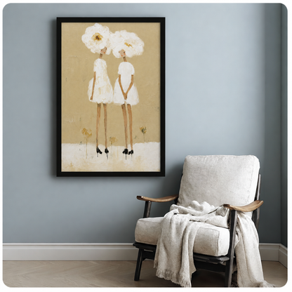 White flower women canvas wall art beside a white armchair, depicting two women with large white blossoms and black shoes