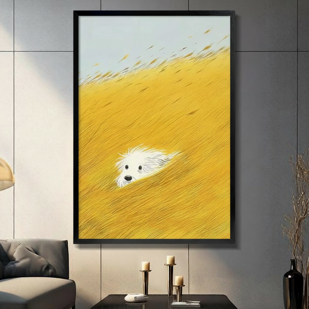 White fluffy dog peeking through golden wheat field realistic oil painting in black frame on dark grey panel wall – light blue sky yellow grass diagonal composition dog canvas wall art for living room